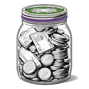 Jar with lid containing coins and banknotes