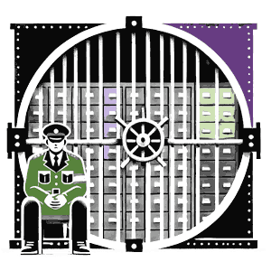 Man guards locked vault containing filing cabinets