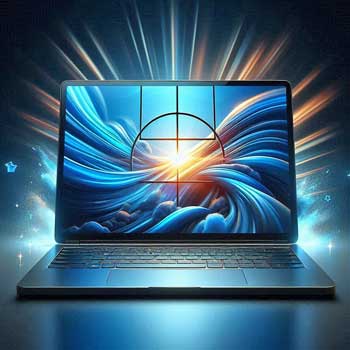 A shiny new laptop computer A laptop computer with swirling patterns and sunburst on the screen. Shafts of light behind. Predominantly blue image