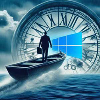 Man in boat approaching a clock face. Image represents "end of life" - as applicable to Windows 10