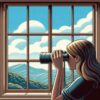 Woman with binoculars tries to see why Microsoft wants 365 subscribers to try free New Outlook