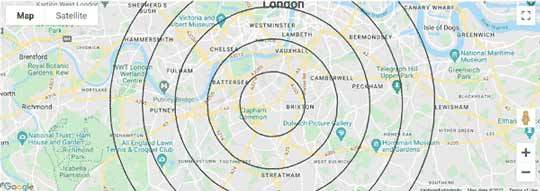Google map showing 5 concentric circles around Clapham, London, added using mapdevelopers.com
