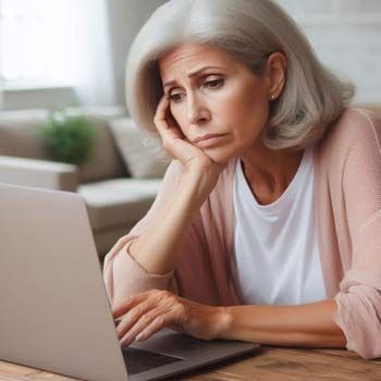 Middle-aged lady rests head on hand while looking at laptop. She seems bored and slightly worried or concerned